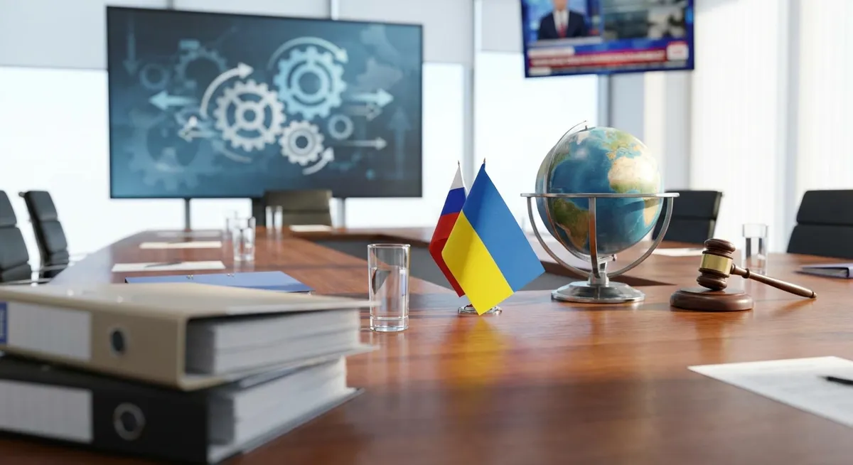 Slika je umetno generirana iz tem: napad na rusko infrastrukturo, rusko-ukrajinski konflikt, pogajanja