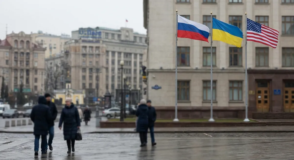 Slika je umetno generirana iz tem: ukrajina, diplomacija, rusija, vojne, evropa, združene države amerike