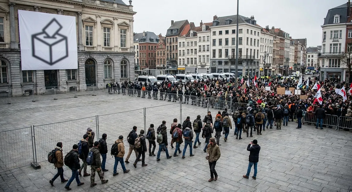 Slika je umetno generirana iz tem: protesti, migracijska politika