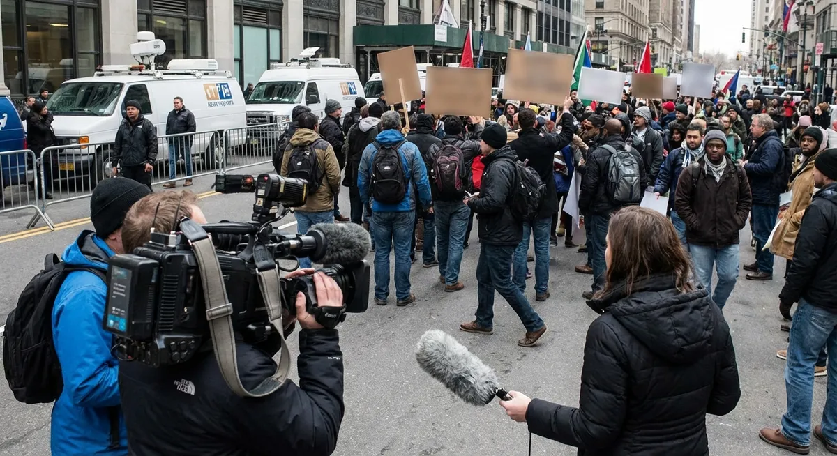 Slika je umetno generirana iz tem: delavski sindikati, migracije, pravo, protesti, kazenski postopki, mediji