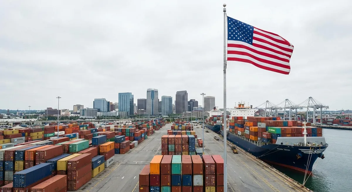 Slika je umetno generirana iz tem: združene države amerike, gospodarska politika, reindustrializacija, carine, trgovina