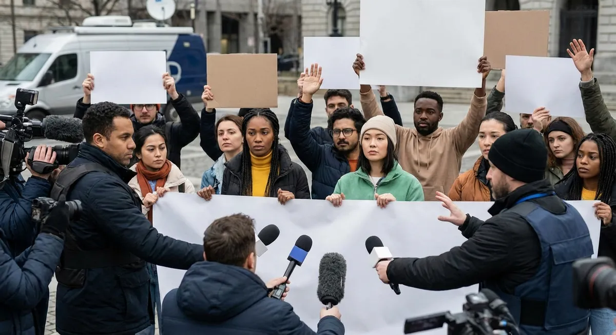 Slika je umetno generirana iz tem: svoboda govora, novinarstvo, svoboda tiska, napadi, napadi na novinarje, protesti, mediji