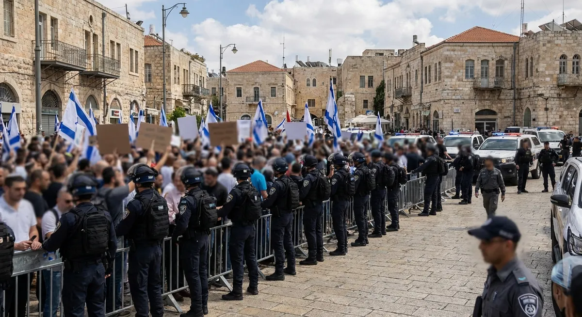 Slika je umetno generirana iz tem: policija, motnje v prometu, izrael, aretacije, bencinske črpalke, gaza, palestina, protesti, zaprta trgovina, kriminal, mednarodni odnosi, železniški promet