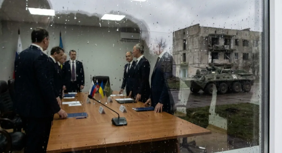 Slika je umetno generirana iz tem: varnostne garancije, oboroženi spopadi, mednarodni odnosi, pogajanja, diplomacija