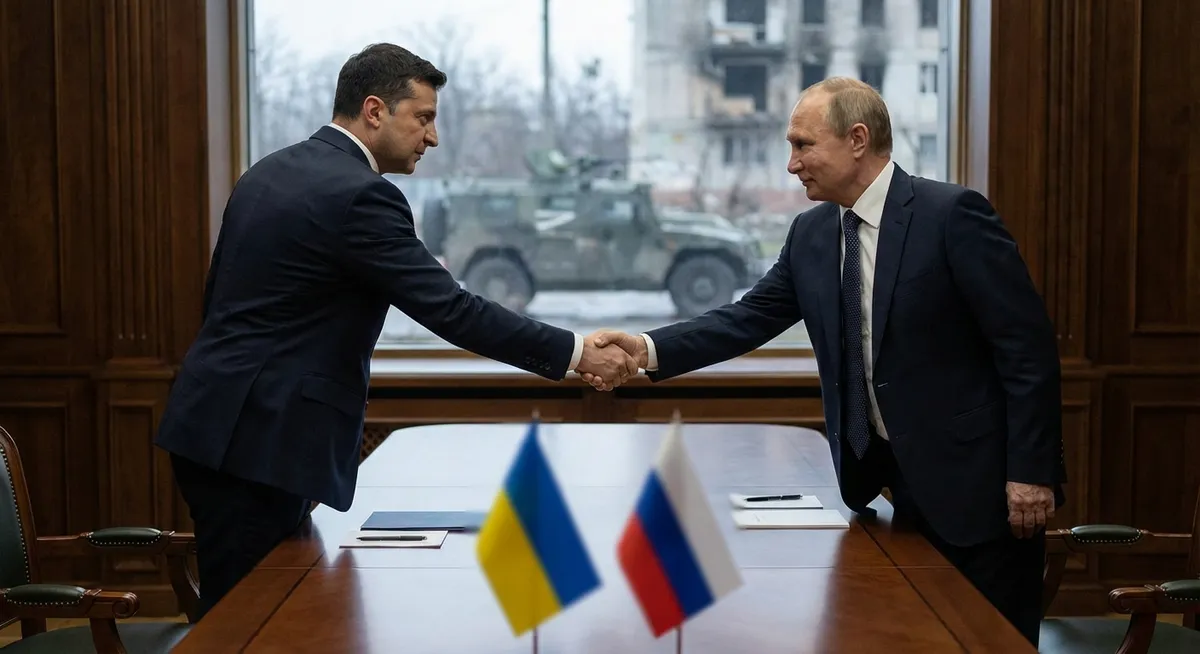 Slika je umetno generirana iz tem: mednarodni odnosi, varnost, rusko-ukrajinski konflikt, konflikti, diplomacija, pogajanja