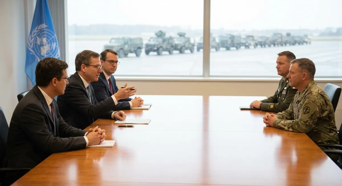 Slika je umetno generirana iz tem: pogajanja, diplomacija, jedrska oborožitev, napadi z droni