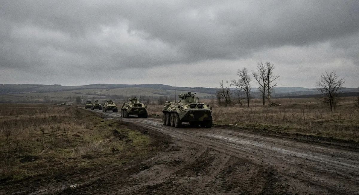 Slika je umetno generirana iz tem: mednarodni odnosi, rusko-ukrajinski konflikt, vojaška strategija in taktika