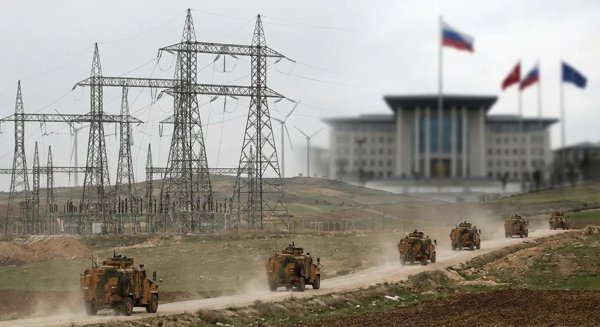 Slika je umetno generirana iz tem: vojaške grožnje, politika, energetika, oboroženi spopadi, mednarodni odnosi, diplomacija