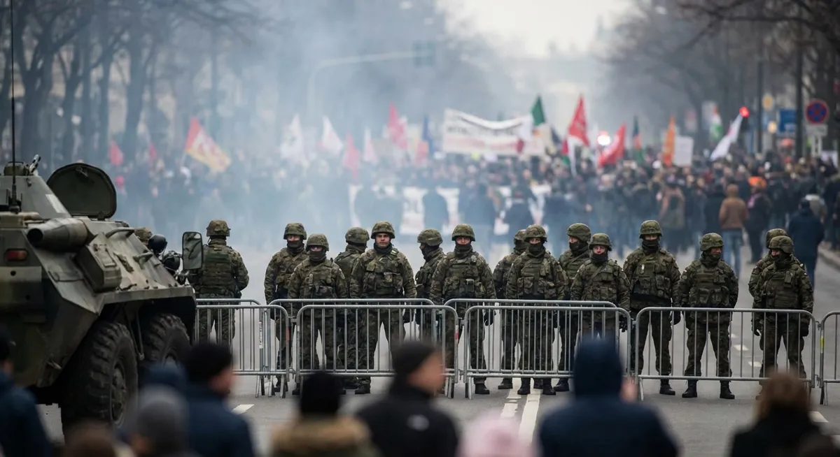 Slika je umetno generirana iz tem: nacionalna garda, vojaške intervencije, politika, protesti, nasilje