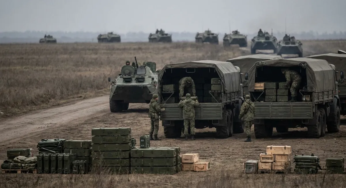 Slika je umetno generirana iz tem: politika, rusija-zda, izjave, oboroževanje, mednarodni odnosi, vojaške operacije, ukrajina