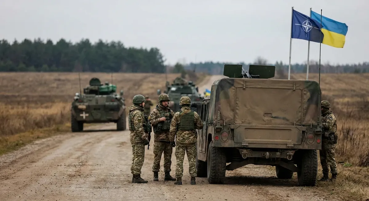 Slika je umetno generirana iz tem: politika, rusko-nato odnosi, združeni narodi, oboroževanje, mednarodni odnosi, vojaške operacije, ukrajina, vojaška varnost, diplomacija, vojaške grožnje, varnost, rusija, nato, rusko-ukrajinski konflikt, obramba