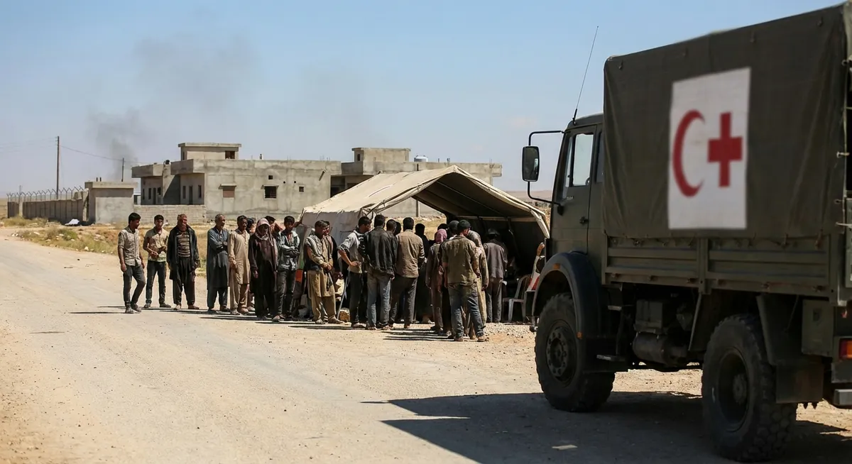 Slika je umetno generirana iz tem: sankcije, premirje, mednarodni odnosi, humanitarna pomoč