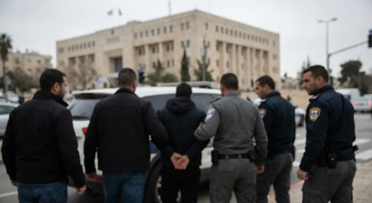 Slika je umetno generirana iz tem: politični zaporniki, palestinsko-izraelski konflikt, aretacije, diplomacija