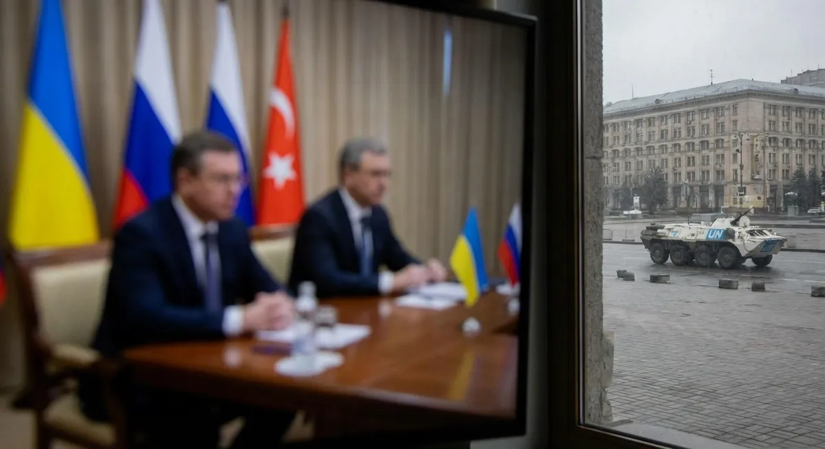 Slika je umetno generirana iz tem: diplomacija, rusko-ukrajinski konflikt, mednarodni odnosi