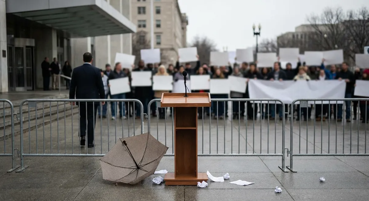 Slika je umetno generirana iz tem: protesti, korupcija, politika, poplave