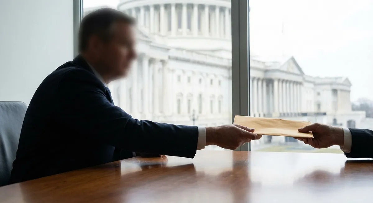 Slika je umetno generirana iz tem: izsiljevanje, politika, korupcija