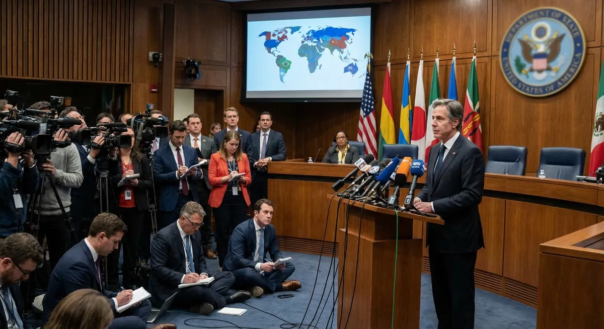 Slika je umetno generirana iz tem: mediji, politika, mirovni procesi, zunanja politika zda, diplomacija, mednarodni odnosi, politično voditeljstvo, pogajanja