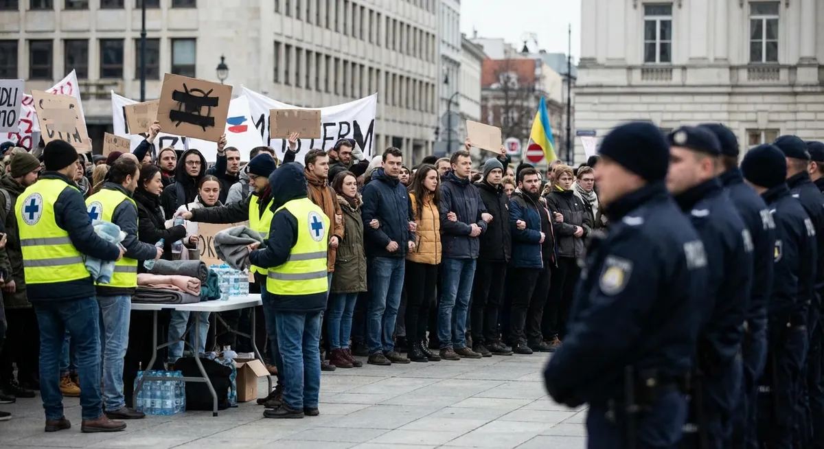 Slika je umetno generirana iz tem: človekove pravice, deportacije, protesti, potovanja, humanitarna pomoč, mednarodni odnosi