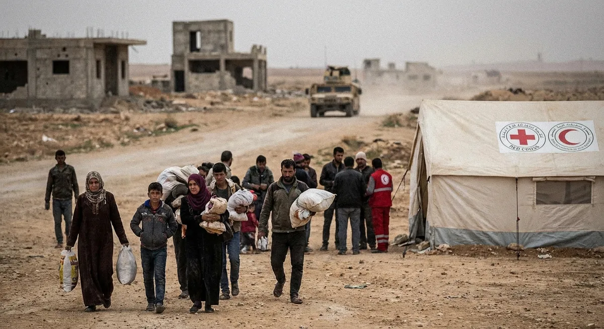Slika je umetno generirana iz tem: javno zdravstvo, humanitarne krize, oboroženi spopadi, vojska, človekove pravice, zdravstvena kriza, terorizem, mednarodni odnosi, vojaške operacije, uničevanje, konflikti