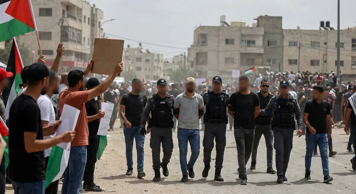 Slika je umetno generirana iz tem: pirotehnika, protesti, aretacije, palestina, pravo, železnice