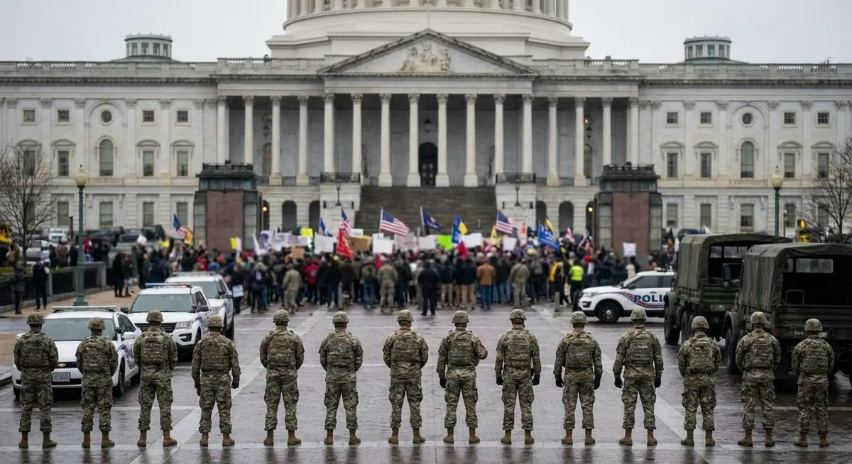 Slika je umetno generirana iz tem: pravosodje, politika, nacionalna garda, migracije, pravo, protesti, donald trump, vojska