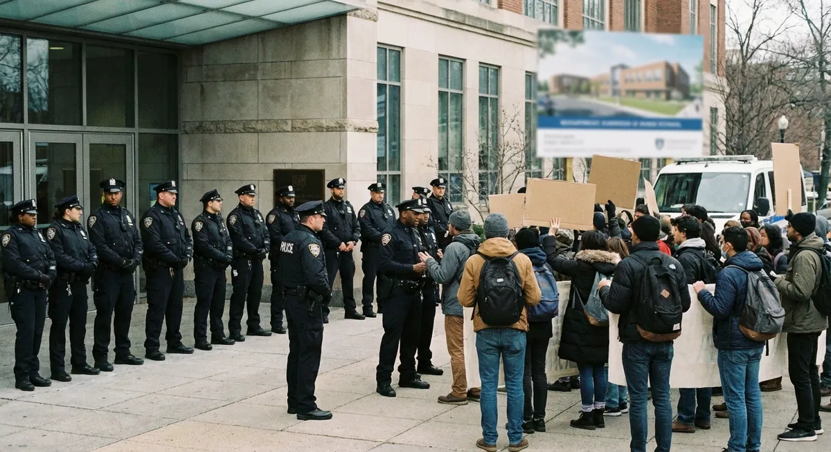 Slika je umetno generirana iz tem: mediji, policija, žandarmerija, politika, diaspora, protesti, izobraževanje