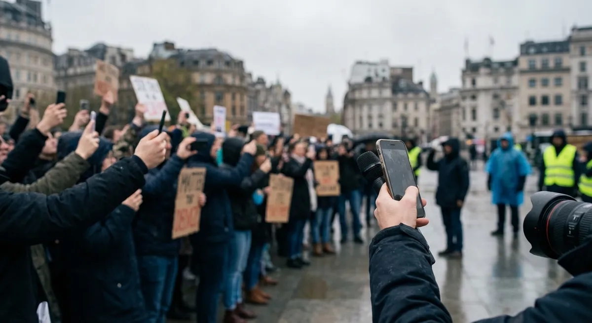 Slika je umetno generirana iz tem: socialni mediji, svoboda tiska, svoboda govora, kriminal, policija