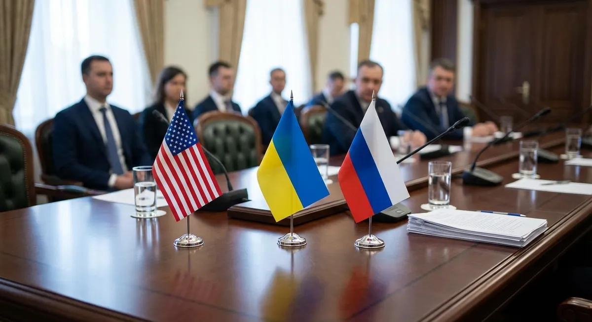 Slika je umetno generirana iz tem: diplomacija, pogajanja, rusko-ukrajinski konflikt, združene države amerike, korupcija, mednarodni odnosi