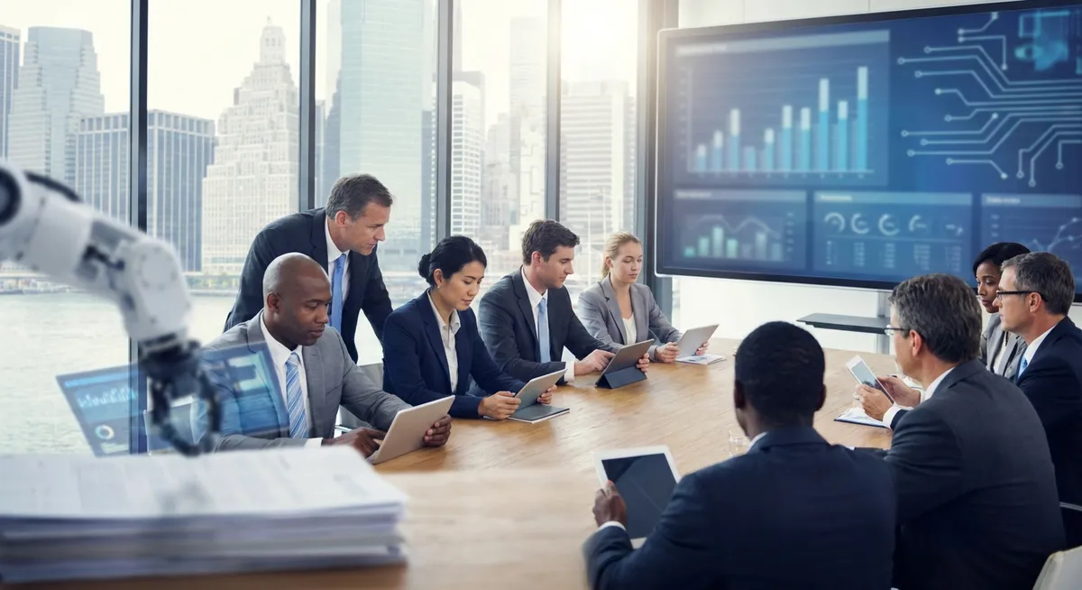 Slika je umetno generirana iz tem: gospodarstvo, umetna inteligenca, poslovna srečanja, politika, mednarodni odnosi, mednarodne finance