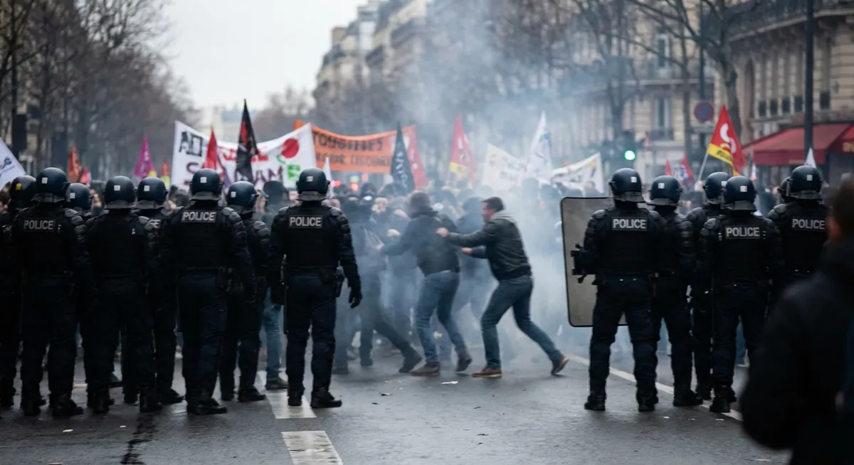 Slika je umetno generirana iz tem: politično zatiranje, posredovanja policije, policija, javni red in mir, protesti, spopadi, migracije