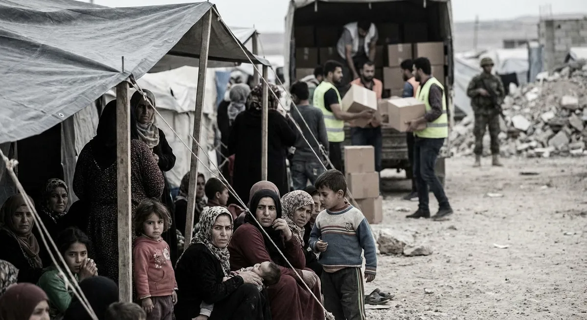 Slika je umetno generirana iz tem: humanitarne krize, konflikti, človekove pravice, mednarodni odnosi