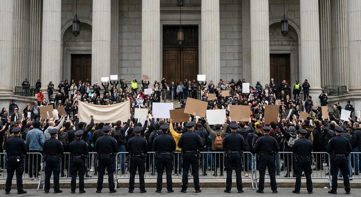 Slika je umetno generirana iz tem: sodstvo, napetosti med vejami oblasti, politika, protesti, volitve, tožilstvo, pravosodje