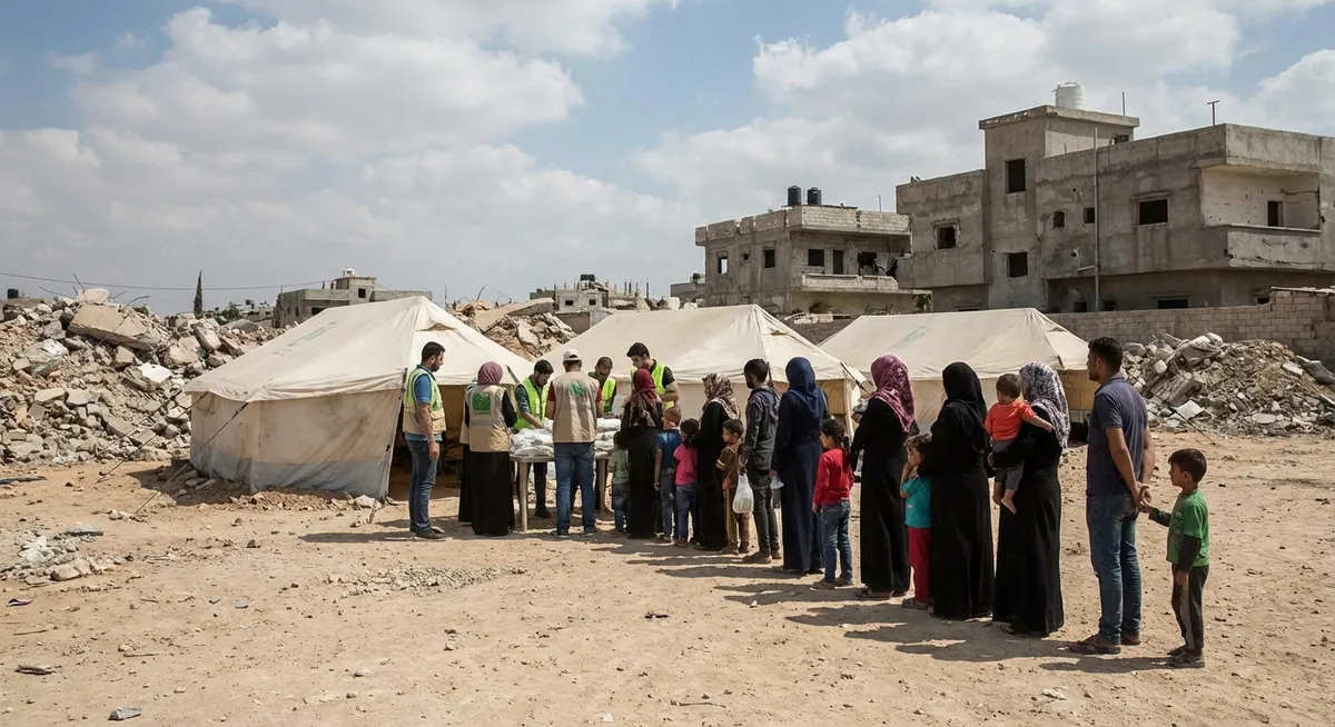 Slika je umetno generirana iz tem: oboroženi spopadi, mednarodni odnosi, humanitarne krize