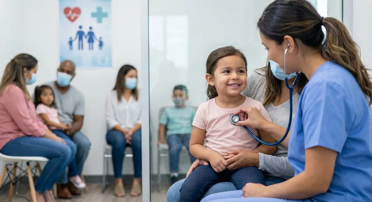 Slika je umetno generirana iz tem: zdravstvena kampanja, zdravje otrok, zdravje žensk