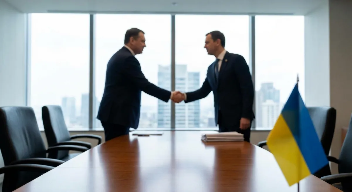 Slika je umetno generirana iz tem: mednarodni odnosi, pogajanja, ukrajina