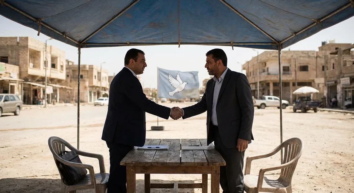 Slika je umetno generirana iz tem: pogajanja, mirovni procesi, bližnji vzhod, premirje