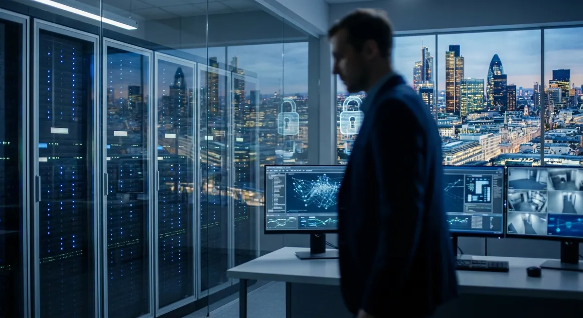 Slika je umetno generirana iz tem: tehnologija, finance, delovno mesto, zasebnost, umetna inteligenca, varnost, mobilne naprave, biometrični podatki