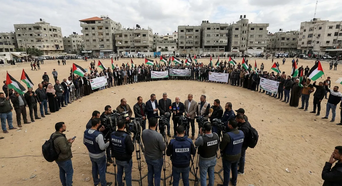 Slika je umetno generirana iz tem: žrtve med novinarji, izrael, protesti, svoboda tiska, gaza, mediji