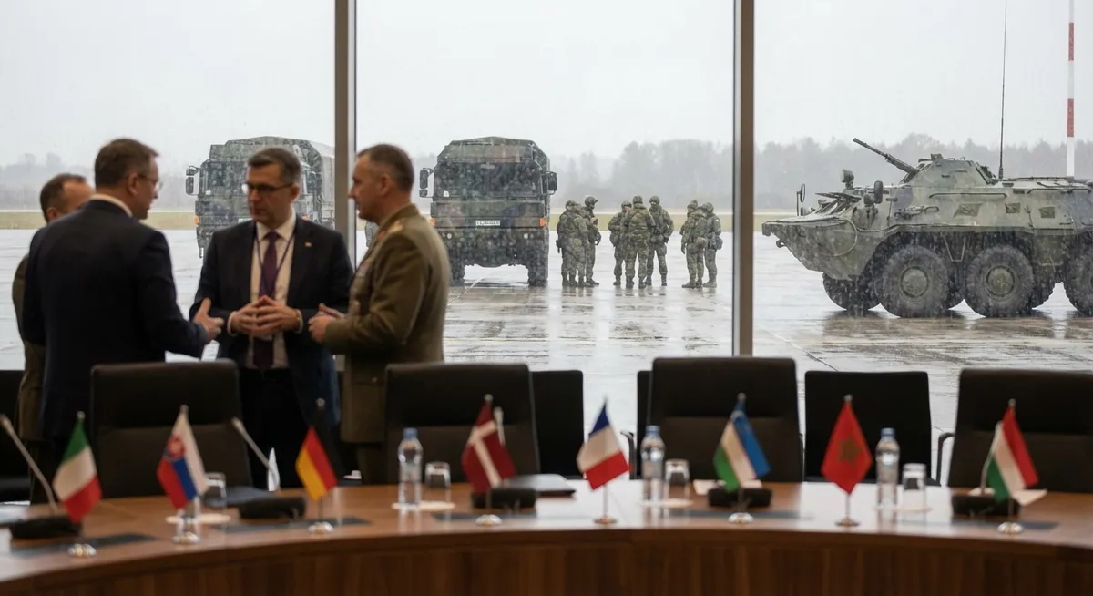 Slika je umetno generirana iz tem: vojaške operacije, mednarodni odnosi, diplomacija, oboroževanje