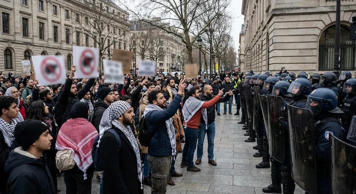 Slika je umetno generirana iz tem: prepovedi, policija, prepoved organizacije palestine action, palestina, vojne, mednarodni odnosi, izrael, politika, gaza, aretacije, kolesarstvo, palestinsko-izraelski konflikt, protesti, policijsko nasilje