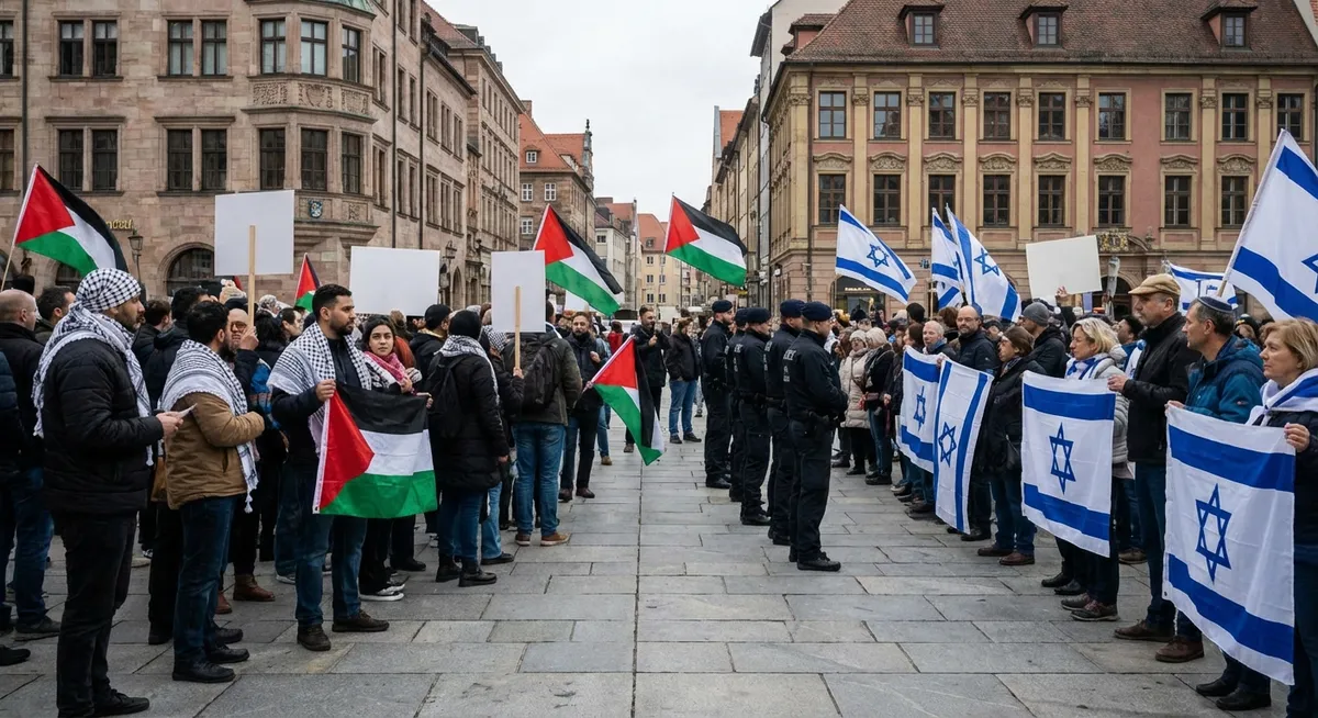 Slika je umetno generirana iz tem: antisemitizem, politika, izrael, svoboda govora, migracije, deportacije, palestinsko-izraelski konflikt, protesti, pravo, palestina