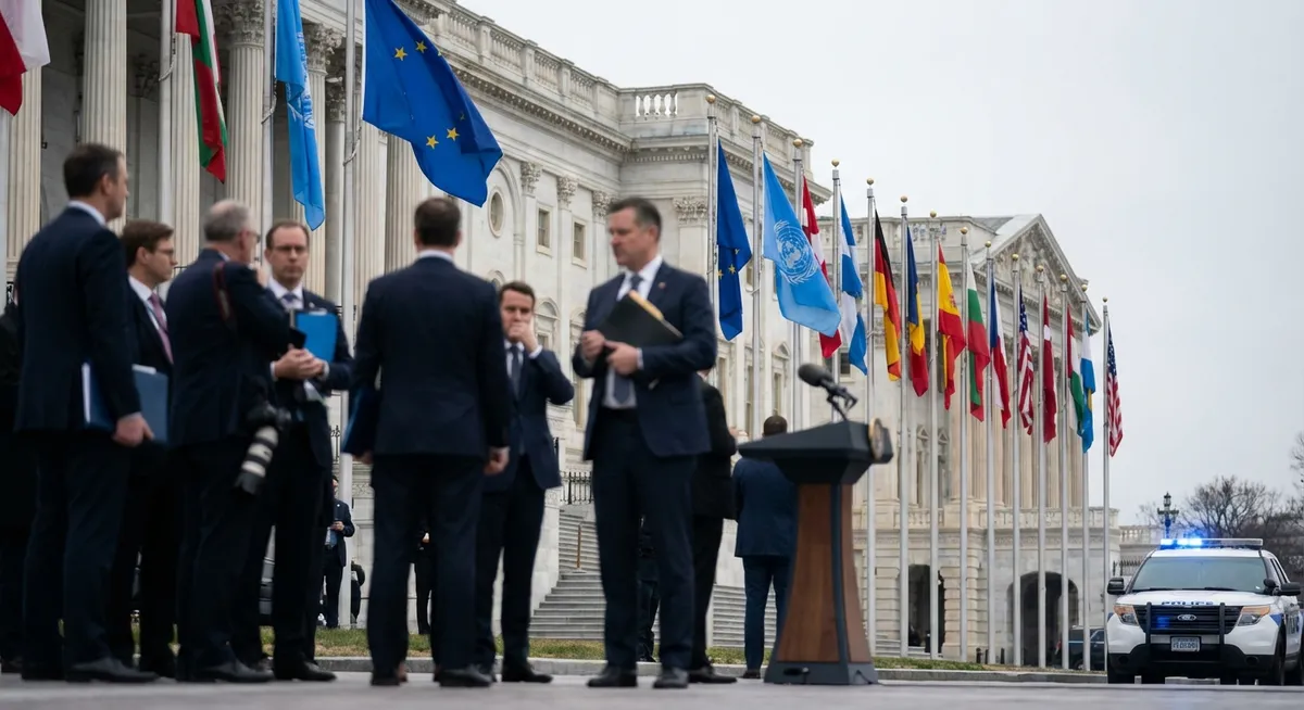 Slika je umetno generirana iz tem: mednarodni odnosi, diplomacija, politika, kriminal, preiskave