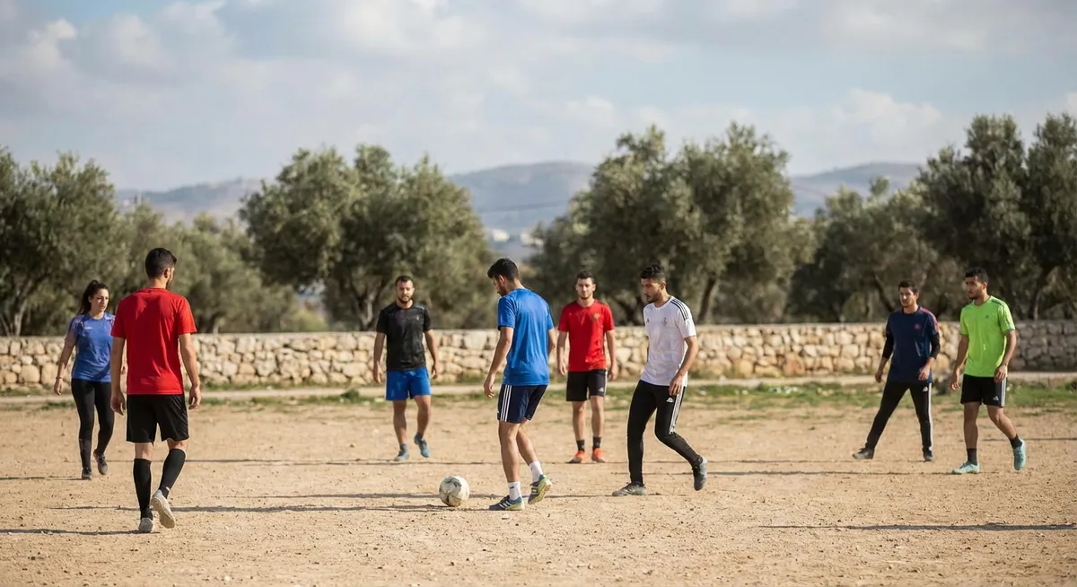 Slika je umetno generirana iz tem: palestina, izrael, protesti, šport, politika, gaza, mednarodni odnosi