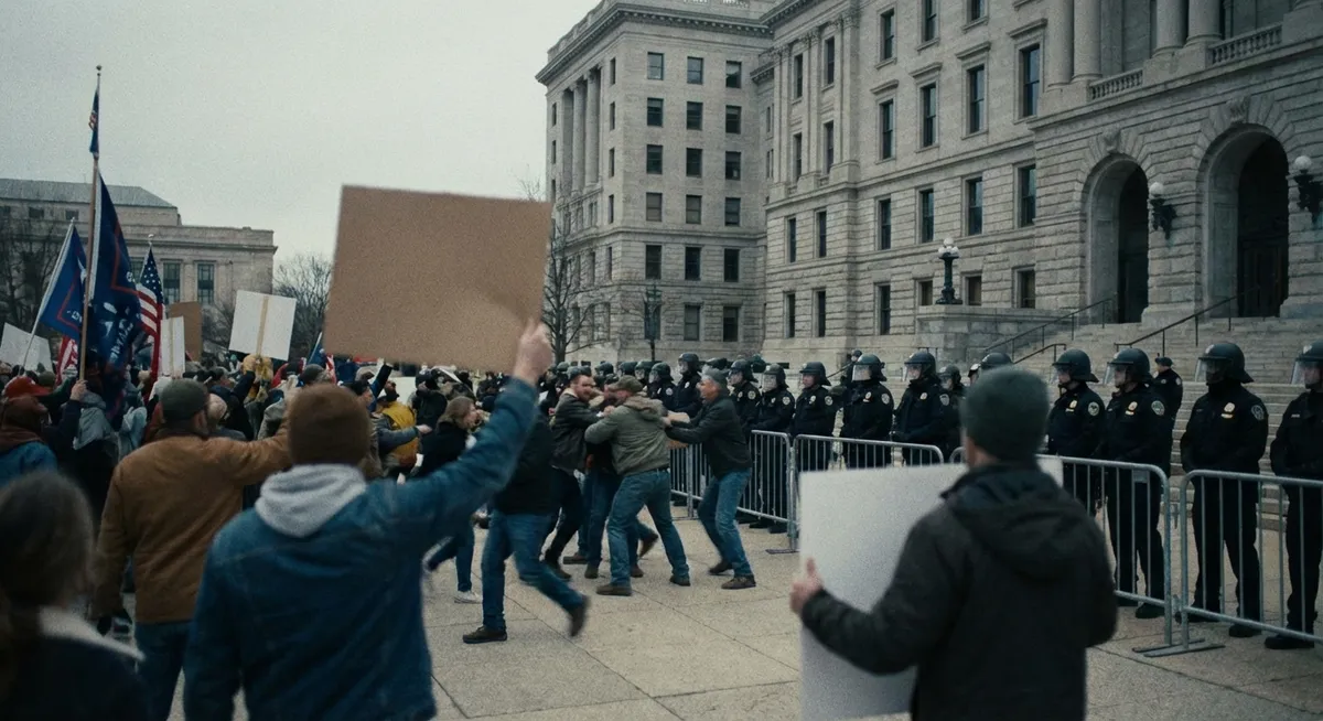 Slika je umetno generirana iz tem: socialna država, kriminal, protesti, politika, nasilje, vladanje, romi