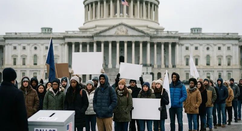 Slika je umetno generirana iz tem: protesti, volitve, politika