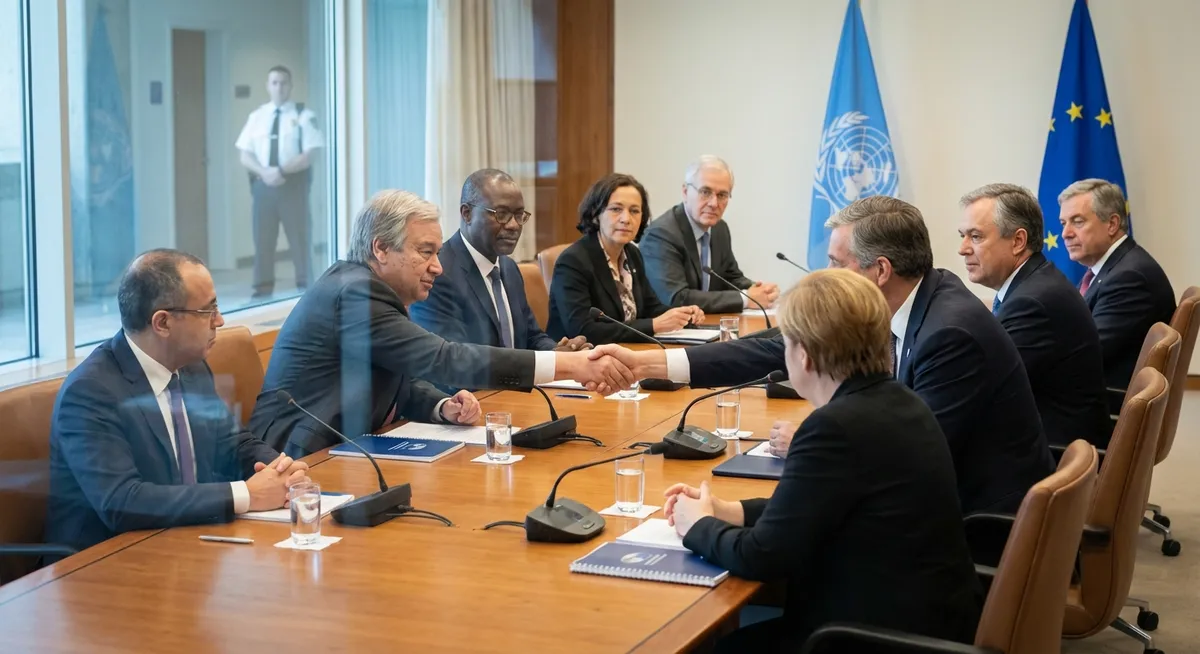 Slika je umetno generirana iz tem: napake, mednarodni odnosi, varnost, prevajanje, diplomacija, pogajanja