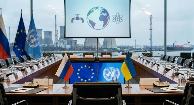 Slika je umetno generirana iz tem: obrambna politika, energetika, mednarodni odnosi, rusko-ukrajinski konflikt, oboroženi spopadi, diplomacija