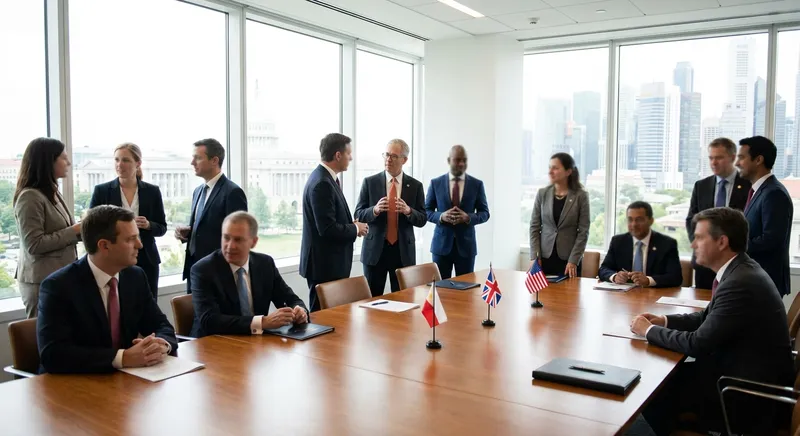 Slika je umetno generirana iz tem: diplomacija, gospodarstvo, politika, mednarodni odnosi