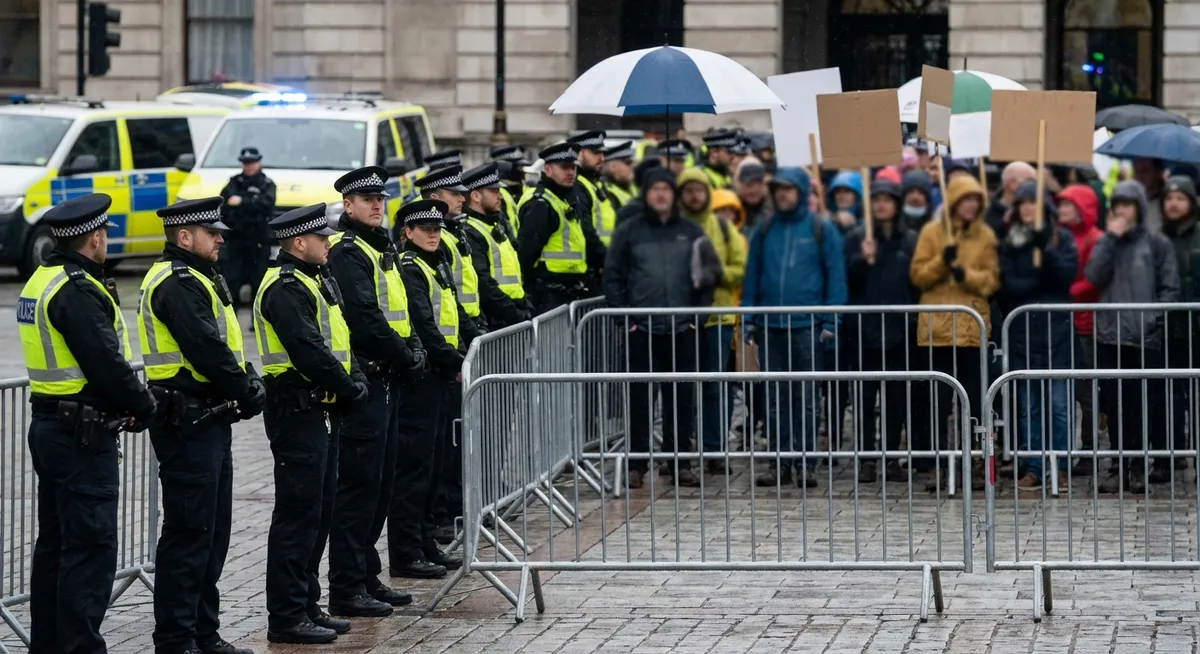 Slika je umetno generirana iz tem: policija, varnost, delavci, protesti