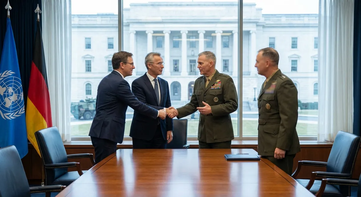 Slika je umetno generirana iz tem: diplomacija, mednarodni odnosi, vojska, varnost